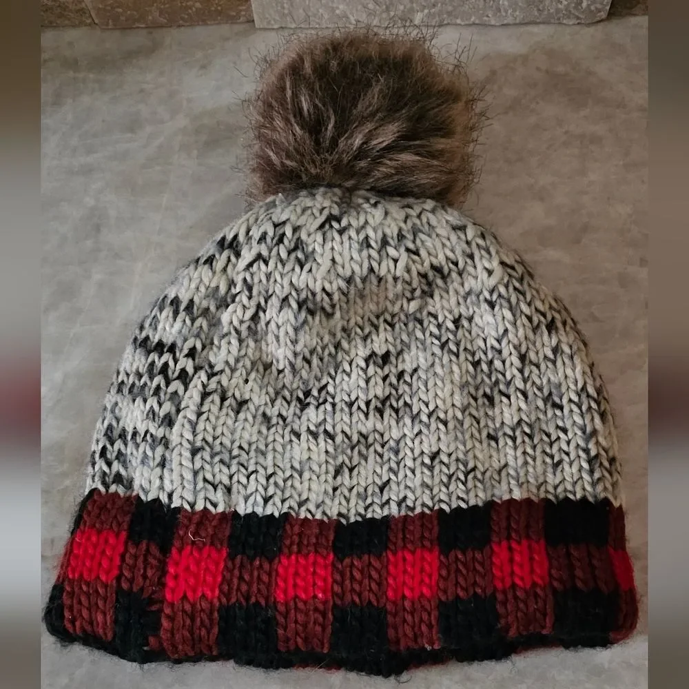 Maurices Buffalo Plaid Knit Beanie with Pom-Pom - Red and Black And Brown